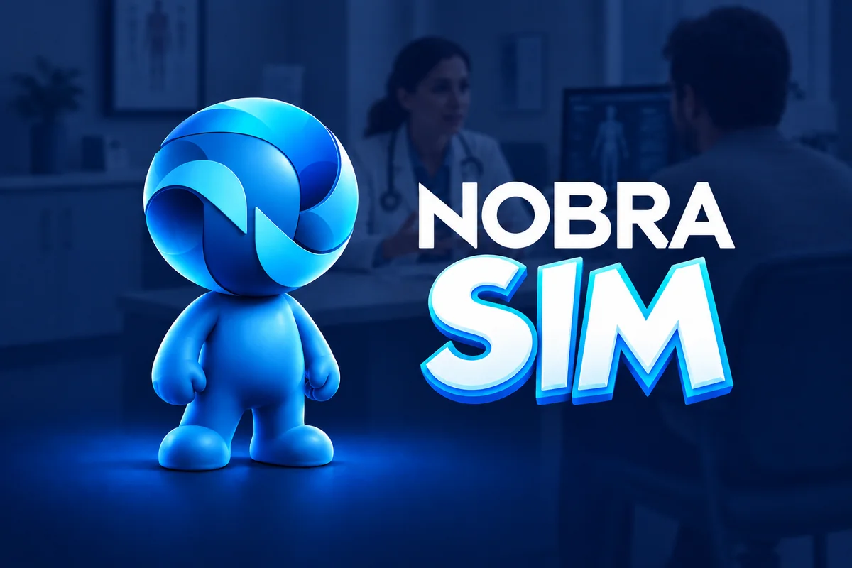 Ilustração do NobraSim com o mascote da Nobra em um cenário de atendimento