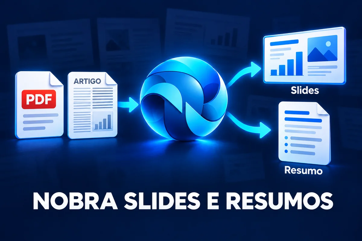 Ilustração de PDFs e artigos transformados em slides e resumos pela Nobra